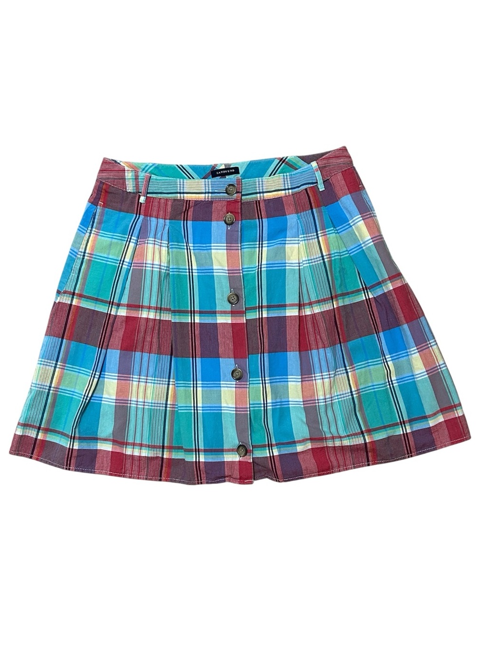 Lands’ End Vintage Women’s Madras Plaid Button Front A-Line 100% Baumwolle Skirt